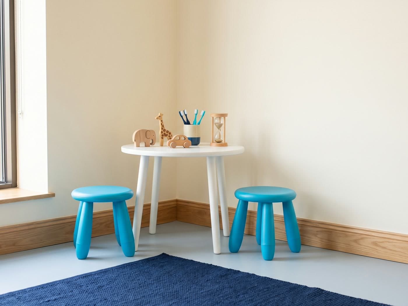 Angolo per bambini con un tavolino bianco, due sgabelli azzurri, giochi in legno e spazzolini