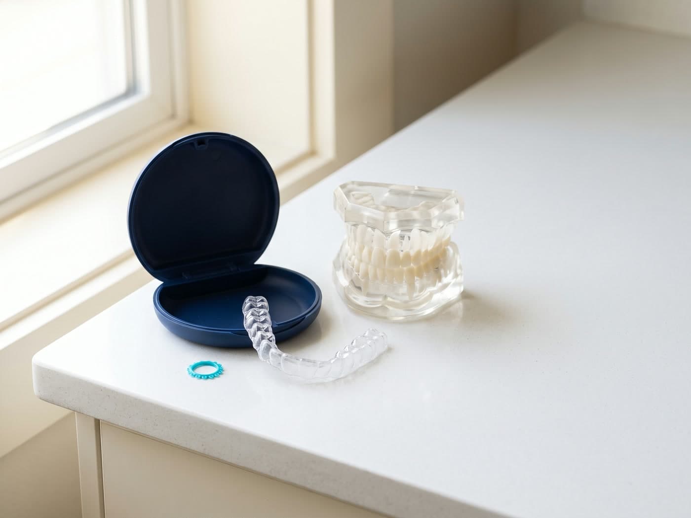 Allineatori trasparenti accanto alla loro custodia blu e a un modello trasparente dei denti