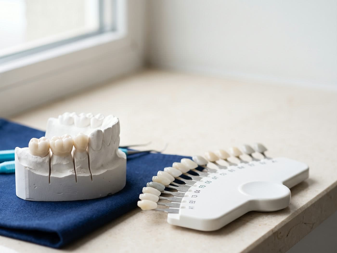 Corone e un ponte in ceramica su un modello in gesso, accanto a una scala colori per denti